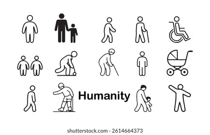 Humanity Concept Vector Icons Set,Diverse Humanity Symbol Set Illustration,Inclusive Icons for Human Diversity,Humanity Embracing Equality Icon Collection. Vector