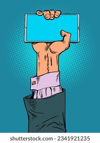 Humanity dependence on technology and the Internet. An important component of the office is its local network. The human hand holds the phone vertically.