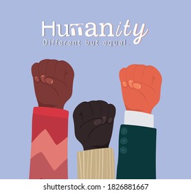 Menschlichkeit anders, aber gleich und Vielfalt Fäuste Hand in Hand Design, Menschen multiethnische Rasse und Gemeinschaft Thema Vektorgrafik