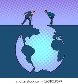 Humanity and the Earth Planet, Ecology. Pit silhouette. Pop art retro vector illustration 50s 60s style