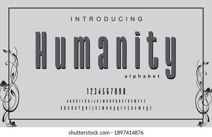 Humanity font. Elegant alphabet letters font and number. Classic Copper Lettering Minimal Fashion Designs. Typography fonts regular uppercase and lowercase. vector illustration