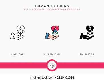 Humanity Icons Set Vector Illustration With Solid Icon Line Style. Charity Give Back Concept. Editable Stroke Icon On Isolated Background For Web Design, User Interface, And Mobile Application