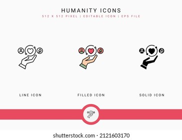 Humanity Icons Set Vector Illustration With Solid Icon Line Style. Charity Give Back Concept. Editable Stroke Icon On Isolated Background For Web Design, User Interface, And Mobile Application