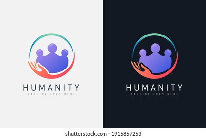 Humanity Logo Design. People Group in Circle Shape Combination with Holding Hand. Vector Logo Illustration.