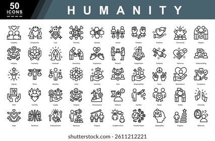 Humanity outline icon set symbolizing compassion, equality, ethics, and resilience. Ideal for nonprofit work, education, awareness campaigns, and social responsibility visuals.