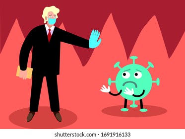 Humanity repels the coronavirus. Vector illustration on the theme of human disease resistance. Cartoon image of coronavirus with eyes. Adult man in a formal suit with a mask tie. 