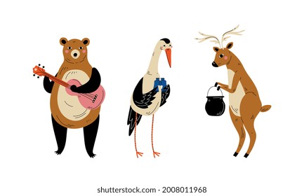 Humanized Animal Characters Camping Playing Guitar and Cooking in Pot Vector Set