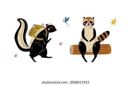 Humanized Animal Characters Having Camping Adventure Sitting on Log and Carrying Backpack Vector Set