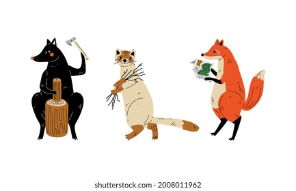 Caracteres animales humanizados con acampar Adventure Chopping Wood y el transporte Brushwood Vector Set
