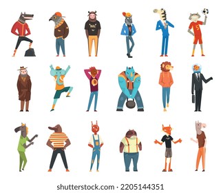 Humanized Animal Characters Wearing Human Clothing in Standing Pose Vector Set