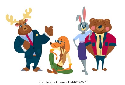 humanized animals business animals characters team work. Dog, elk, bear and rabbit