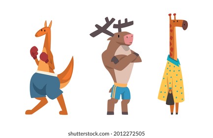 Humanized Animals of Different Professions with Giraffe Teacher and Boxing Kangaroo Vector Set