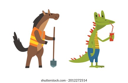 Humanisierte Tiere verschiedener Berufe mit PferdeAsphalt-Arbeiter und Crocodile Drinking Cocktail Vector Set
