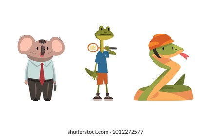 Humanized Animals of Different Professions with Koala in Business Suit and Snake in Hard Hat Vector Set