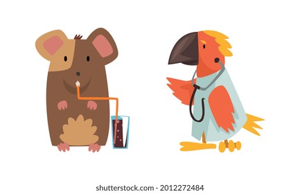 Humanisierte Tiere verschiedener Berufe mit Papagearzt mit Stethoskop und Mouse Drinking Cocktail mit Strohvektor Set