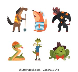 Humanized Animals of Different Professions and Wearing Clothes Vector Set