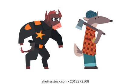 Humanized Animals of Different Professions with Wolf Lumberjack and Bull Sheriff Vector Set