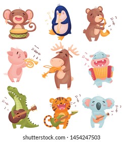 Humanized animals with musical instruments. Vector illustration on white background.