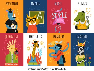 Humanized animals professions vertical cards with flamingo model, parrot journalist, cow gardener, owl teacher isolated vector illustration