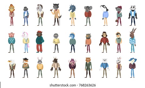 Humanized Animals Set. Wild Animals With Human Body In Clothes.