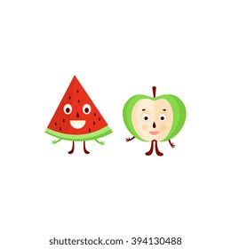 Humanized Apple And Watermelon Funny  Flat Vector Illustration In Cartoon Style Isolated On White Background