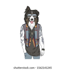 Humanized Australian Shepherd breed dog with tattoo dressed up in bohemian outfits. Design for dogs lovers. Fashion anthropomorphic doggy illustration. Hand drawn vector.