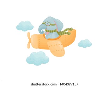 Humanized baby elephant is flying in an airplane. Vector illustration on white background.