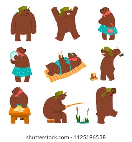 Humanized bear characters set, male and female brown bears wearing human clothes in different situations cartoon vector Illustration on a white background