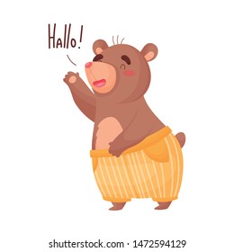 Humanized bear welcomes you. Vector illustration on white background.