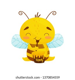 Humanized bee sits eating honey. Cartoon style. Vector illustration.