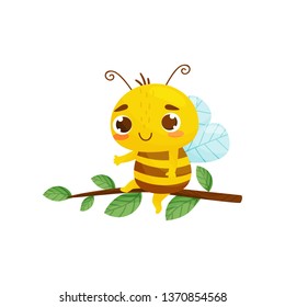 Humanized bee sits on a tree branch. Cartoon style. Vector illustration.
