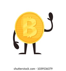 Humanized bitcoin character standing and waving by hand. Shiny golden coin icon. Cryptocurrency, money and finance concept. Flat vector design for mobile app or sticker