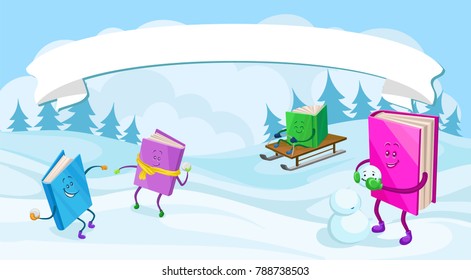 Humanized books characters with smiling faces having fun in winter holidays vector illustration, colorful design element for poster or banner