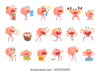 Humanized Brain Cartoon Character With Arms And Legs Funny Life Scenes And Emotions Set Of Illustrations