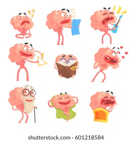 Humanized Brain Cartoon Character With Arms And Legs Funny Life Scenes And Emotions Set Of Illustrations
