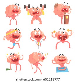 Humanized Brain Cartoon Character With Arms And Legs Funny Life Scenes And Emotions Collection Of Illustrations