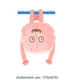 Humanized Brain Hanging On The Bar Upside Down, Intellect Human Organ Cartoon Character Emoji Icon