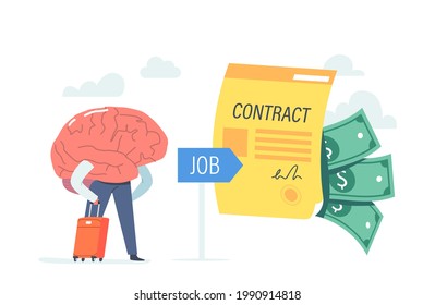 Humanized Brain with Suitcase Stand at Huge Contract and Money. Businessman Character Research Job Opportunity in Foreign Country for Employment Abroad, Work Migration. Cartoon Vector Illustration