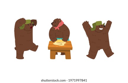 Humanized Brown Bear Character in Hat with Earflaps Walking and Rolling Dough Vector Set