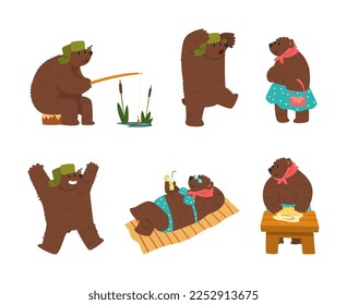 Humanized Brown Bear Character in Hat with Earflaps Fishing, Sunbathing with Cocktail, Rolling Dough Vector Set