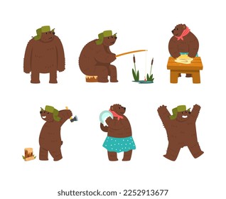 Humanized Brown Bear Character in Hat with Earflaps Chopping Wood, Washing Dishes and Fishing Vector Set