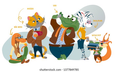 Humanized business animals characters team work. Cat, zebra, squirrel, dog and alligator