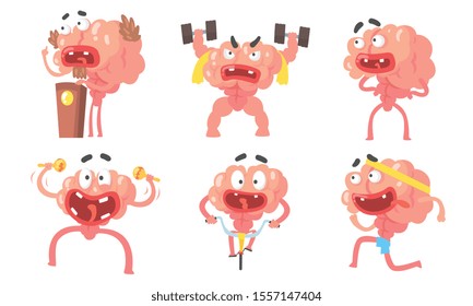 Humanized cartoon brain with a big mouth. Vector illustration.