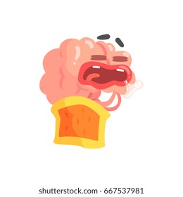 Humanized cartoon brain character sleeping and drooling, intellect human organ vector Illustration