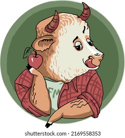 A humanized cartoon bull in a plaid shirt holds an apple in its hoof and licks its lips.