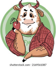 A humanized cartoon bull in a plaid shirt holds an apple in its hoof.