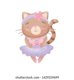 Humanized cat in a ballerina dress. Vector illustration on white background.