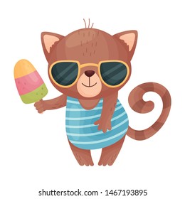 Humanized cat keeps ice cream on a stick. Vector illustration on white background.