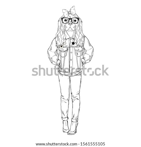 Humanized Cavalier King Charles Spaniel breed dog dressed up in retro 80s urban outfits. Design for dogs lovers. Fashion anthropomorphic doggy illustration. Hand drawn vector.