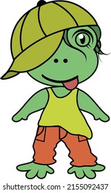 Humanized Chibi Frog Boy in Baseball Cap over white vector illustration.